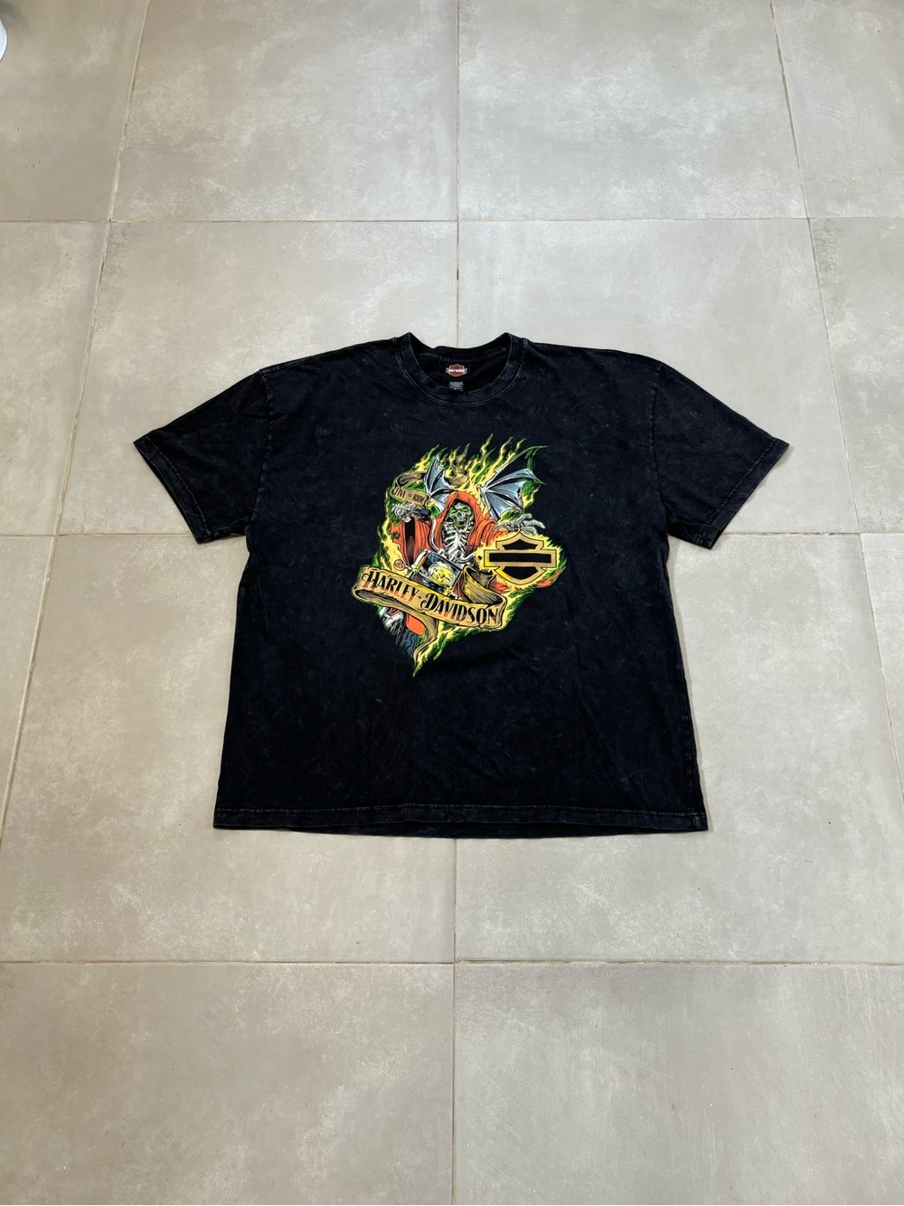 Harley-Davidson Black T-Shirt with Green and Orange Flame Graphic